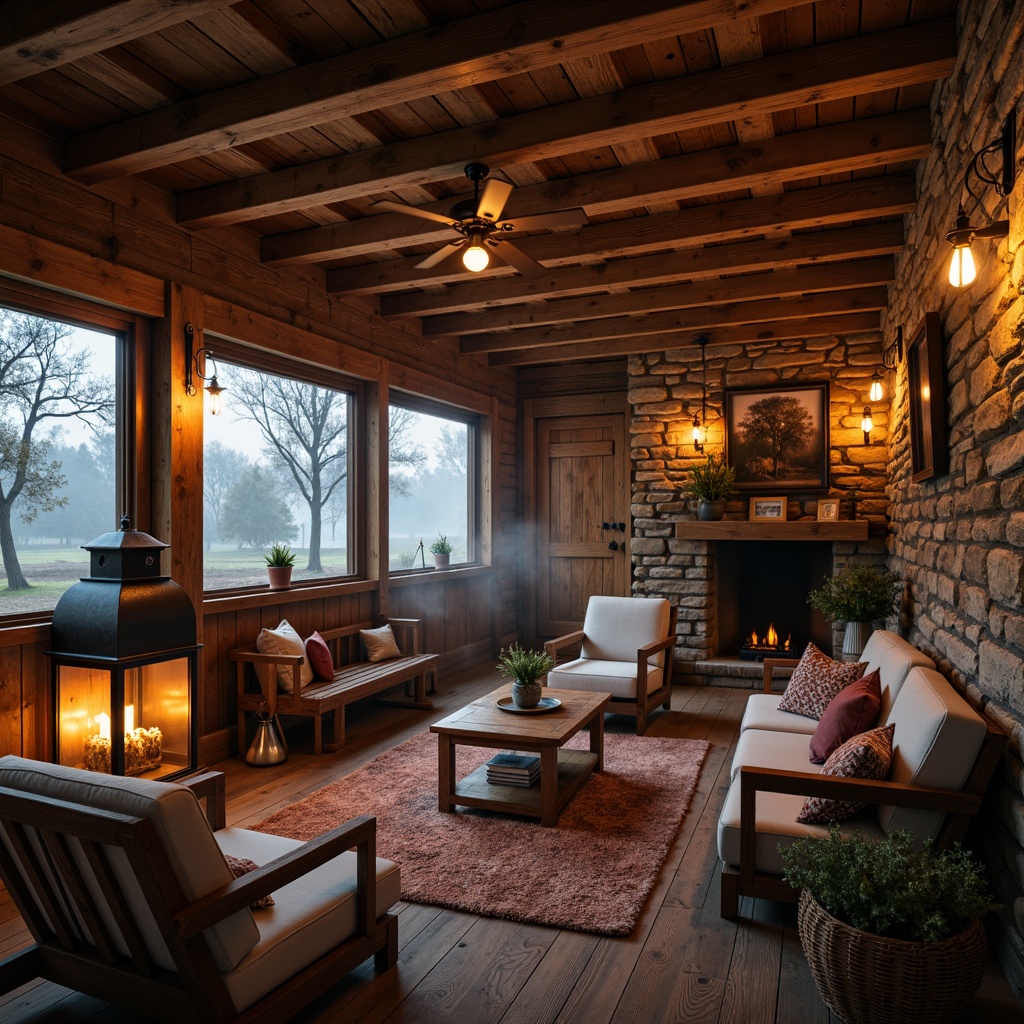 Prompt: Rustic wooden cabin, warm cozy atmosphere, vintage metal lanterns, distressed wood beams, earthy color palette, natural stone walls, candlelight, soft warm glow, pendant lamps, industrial chic fixtures, Edison bulbs, exposed brick, reclaimed wood accents, farmhouse style, rural landscape, misty morning, soft focus, shallow depth of field, 1/1 composition.