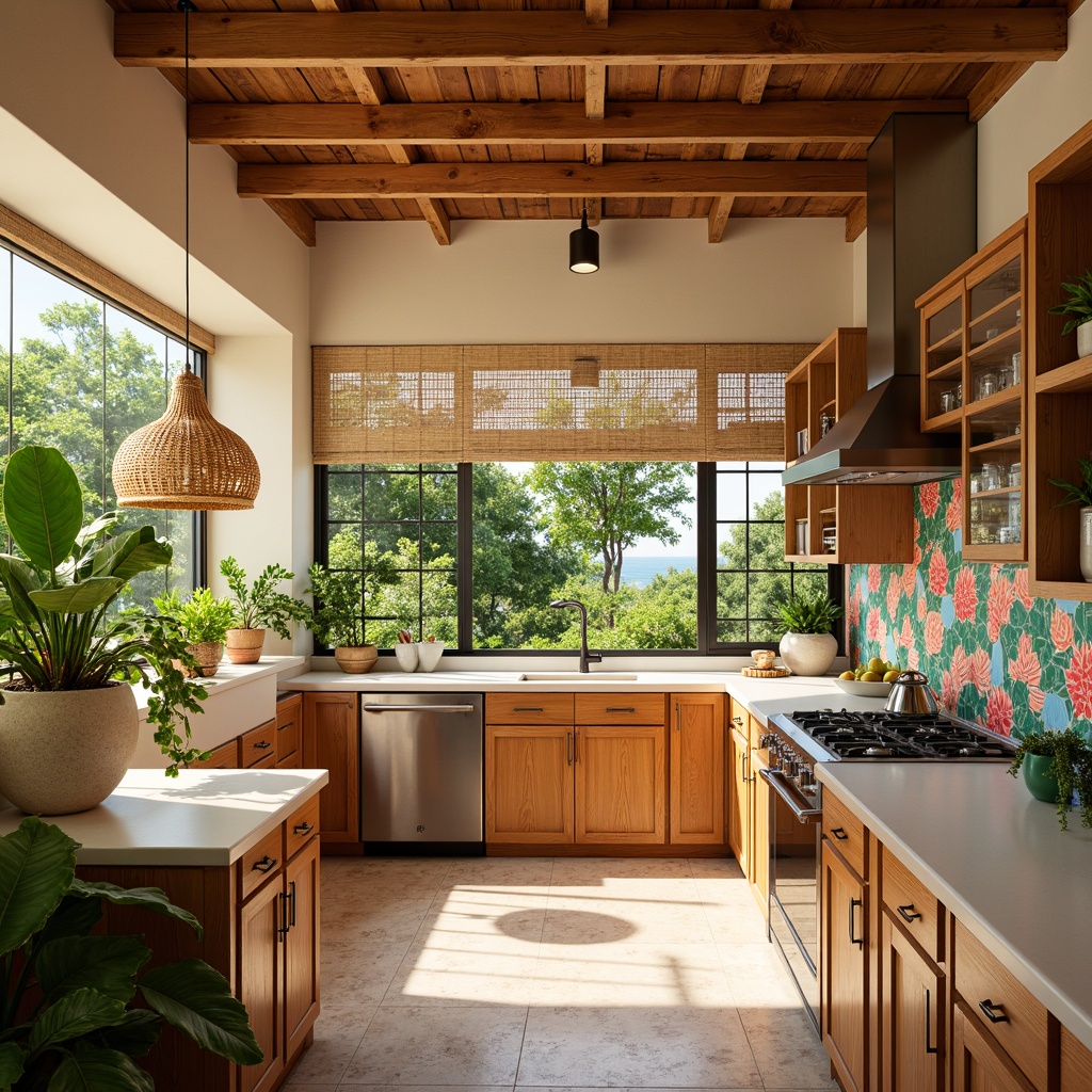 Prompt: Vibrant tropical kitchen, warm sunny ambiance, bright natural light, pendant lamps, wicker shades, rattan furniture, exotic wood accents, colorful tile backsplashes, lively coral patterns, ocean-inspired hues, creamy white countertops, polished chrome fixtures, lush greenery, potted palm trees, warm beige walls, soft warm lighting, shallow depth of field, 1/1 composition, realistic textures, ambient occlusion.