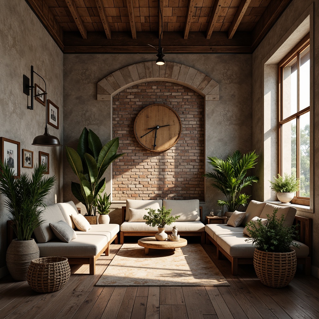 Prompt: Rustic wooden accents, distressed stone walls, vintage metal decorations, earthy color palette, natural fabric upholstery, woven basket furniture, organic shape planters, rough-hewn wood floors, reclaimed lumber, industrial metal beams, exposed brick walls, urban loft atmosphere, dramatic shadow lighting, 1/2 composition, atmospheric perspective, soft focus effect.