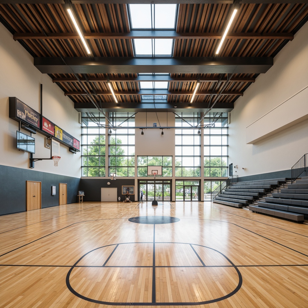 Prompt: Modern gymnasium interior, polished wooden floors, sports equipment, basketball hoops, bleachers, sound-absorbing panels, acoustic diffusers, echo-reducing materials, reverberation control systems, clear sightlines, high ceilings, natural light pouring in, large windows, exterior courtyard views, calming color scheme, professional audio systems, microphone installations, loudspeaker placements, optimal speaker angles, precise sound reflections, immersive sound experiences, realistic sound propagation.