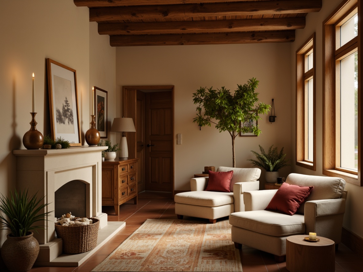 Prompt: Warm beige walls, soft cream accents, rich walnut wood tones, plush velvet furnishings, metallic gold hardware, natural linen textiles, earthy terracotta floors, cozy candlelit ambiance, warm golden lighting, shallow depth of field, 1/1 composition, realistic textures, ambient occlusion.