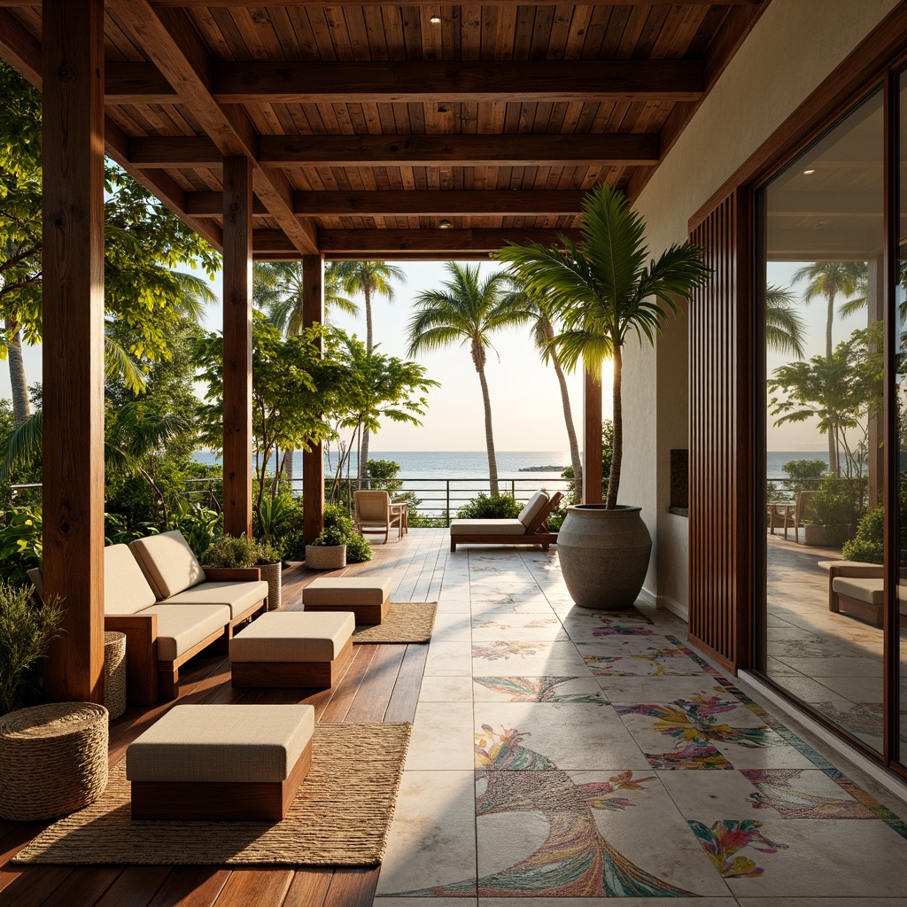 Prompt: Tropical hardwood flooring, dark wood tones, exotic grain patterns, bamboo accents, natural fiber rugs, woven jute textiles, vibrant colorful tiles, mosaic stone inlays, polished marble surfaces, glossy finishes, subtle sheen, warm golden lighting, lush greenery surroundings, palm tree silhouettes, ocean breeze atmosphere, relaxed beachy vibe, 1/1 composition, soft focus effect, atmospheric perspective.