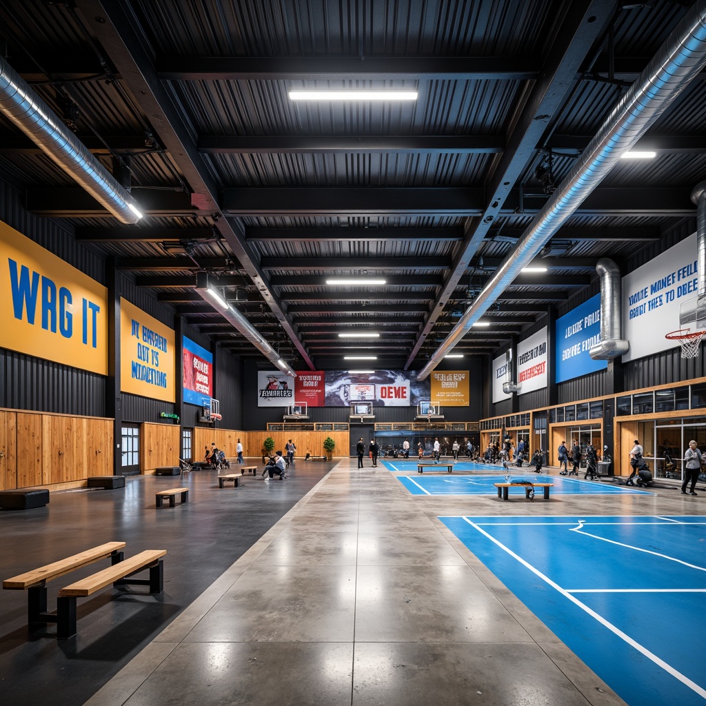 Prompt: Modern gymnasium interior, high ceilings, steel beams, polished concrete floors, industrial-style lighting fixtures, exposed ductwork, motivational quotes, athletic equipment, basketball hoops, tennis courts, free weights, exercise machines, mirrored walls, wooden locker rooms, sleek metal benches, vibrant color accents, dynamic shadows, dramatic contrast lighting, 1/2 composition, shallow depth of field, realistic textures.