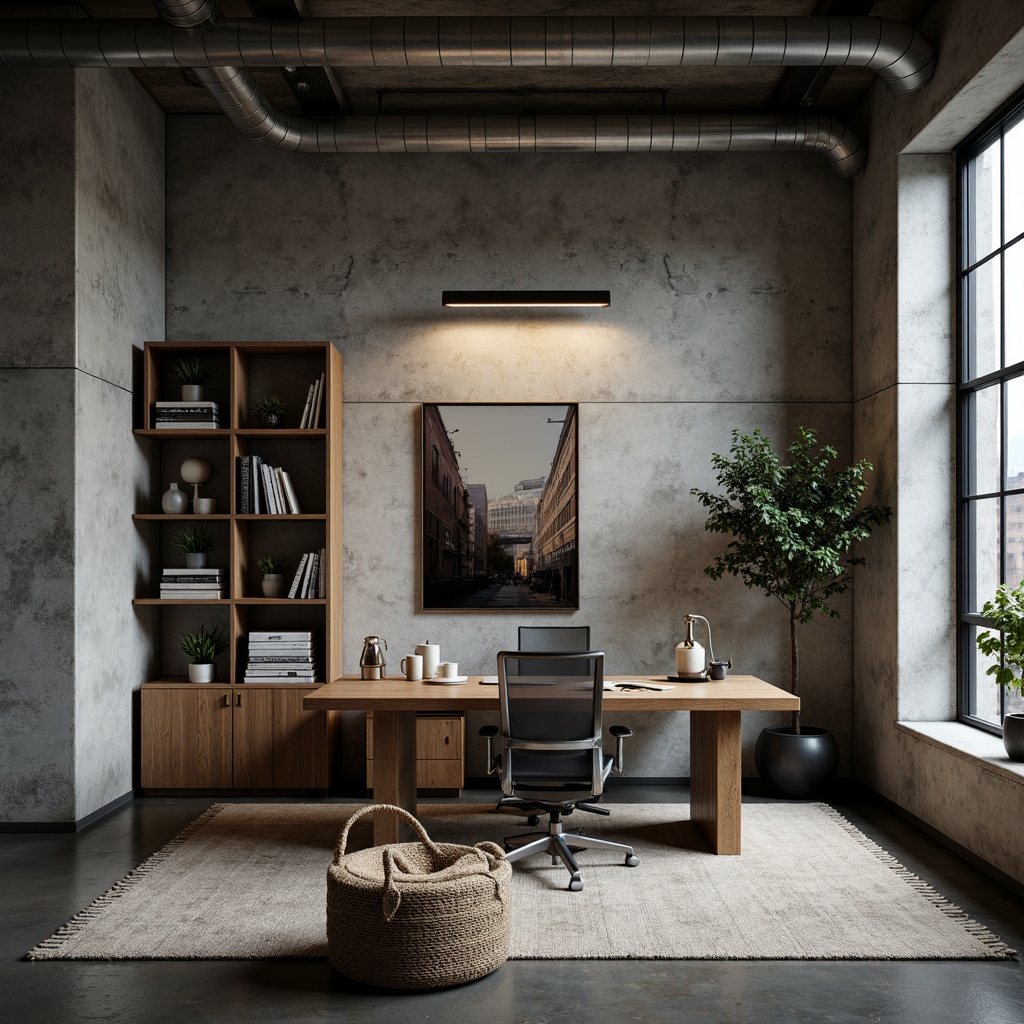 Prompt: Industrial-chic home office, brutalist concrete walls, exposed ductwork, metallic accents, reclaimed wood furniture, minimalist desk, ergonomic chair, geometric shelving, modern task lighting, abstract artwork, urban loft atmosphere, raw textures, moody color palette, dramatic shadows, high-contrast lighting, 1/2 composition, cinematic angle, gritty realistic rendering.