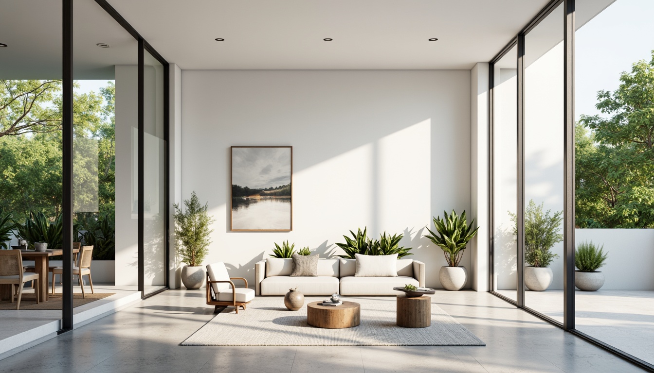 Prompt: Minimalist interior space, abundant natural light, floor-to-ceiling windows, sliding glass doors, pure white walls, polished concrete floors, sleek low-profile furniture, geometric shapes, industrial-chic decor, verdant greenery, potted plants, open-plan living area, airy atmosphere, soft warm lighting, shallow depth of field, 1/1 composition, realistic textures, ambient occlusion.