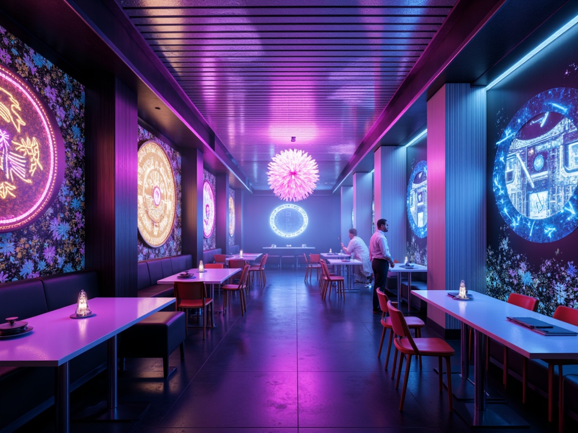 Prompt: Neon-lit futuristic interior, metallic accents, iridescent colors, holographic patterns, sleek lines, minimalist decor, LED lighting, glowing ambiance, atmospheric fog, dark blues, electric purples, neon pinks, chrome yellows, reflective surfaces, glass tables, fiber-optic chandeliers, 3D-printed furniture, virtual reality interfaces, ambient occlusion, shallow depth of field, cinematic composition.