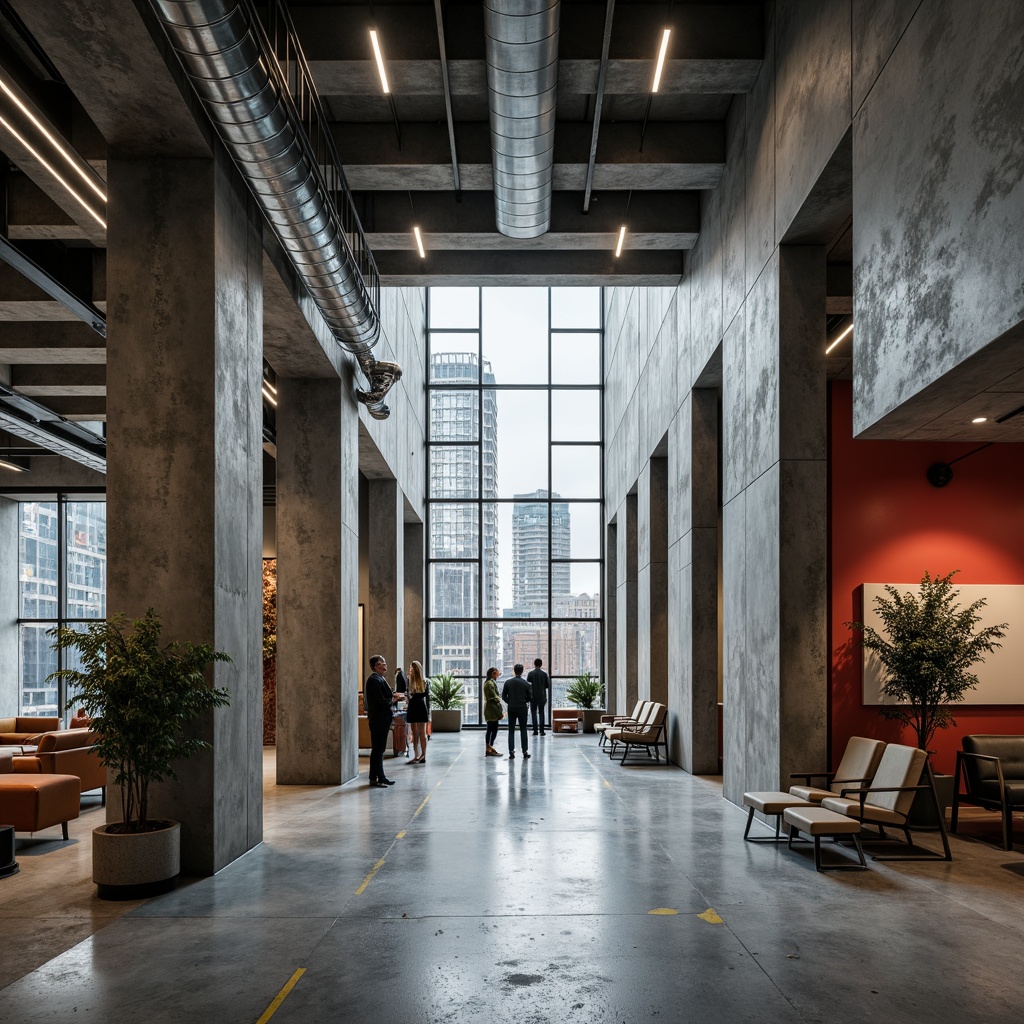 Prompt: Concrete brutalist office building, rugged textures, industrial materials, monochromatic color scheme, bold primary colors, stark contrasts, exposed ductwork, raw concrete walls, metal beams, minimalist decor, functional furniture, urban cityscape, overcast day, dramatic shadows, high-contrast lighting, shallow depth of field, 2/3 composition, realistic textures, ambient occlusion.