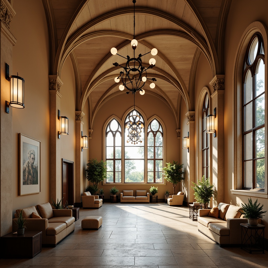 Prompt: Elegant Gothic clinic, grandiose arches, ornate stone carvings, stained glass windows, dimmable LED lights, pendant lamps, minimalist metal sconces, warm beige walls, rich wood accents, comfortable waiting areas, subtle ambient lighting, dramatic ceiling fixtures, ornate metal chandeliers, soft warm glow, 1/1 composition, symmetrical view, realistic textures, ambient occlusion.