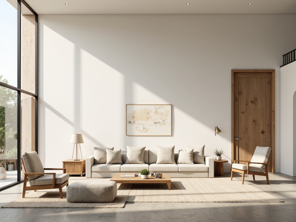 Prompt: Monochromatic neutral tones, soft creamy whites, warm beige accents, calming grays, subtle taupe undertones, natural wood textures, minimalist furniture, sleek metal frames, sparse decorative elements, airy openness, abundant natural light, soft diffused shadows, 1/1 composition, realistic material rendering, ambient occlusion.