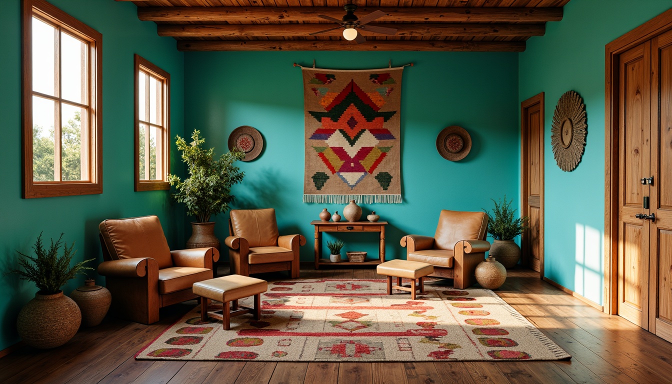 Prompt: Vibrant turquoise walls, rustic wooden floors, woven Native American-inspired rugs, earthy clay pottery, colorful Navajo-patterned textiles, hand-carved wooden furniture, distressed leather armchairs, woven baskets, natural fiber upholstery, warm golden lighting, soft warm shadows, 3/4 composition, realistic textures, ambient occlusion.