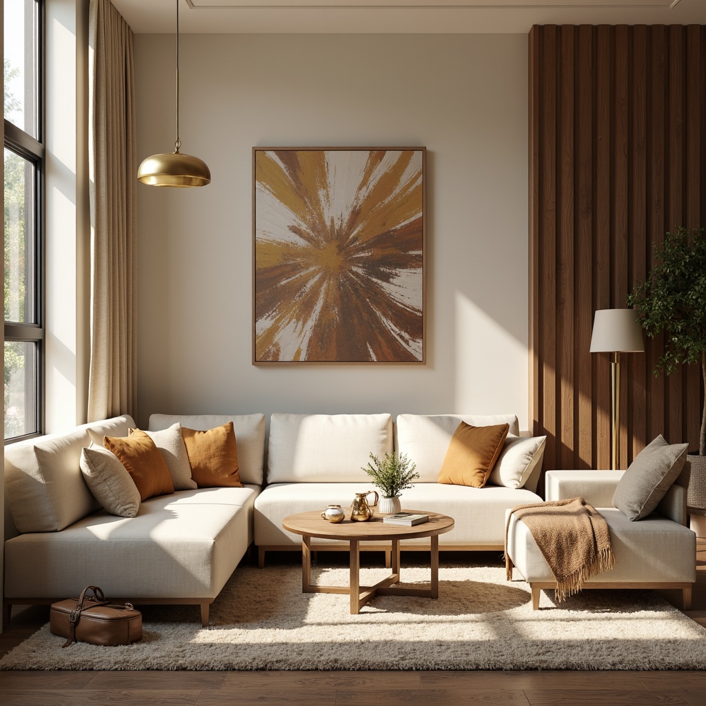 Prompt: Cozy living room, warm beige walls, soft cream furniture, rich walnut wood accents, plush area rugs, velvety throw blankets, golden table lamps, modern abstract artwork, large windows, natural daylight, warm white lighting, shallow depth of field, 2/3 composition, realistic textures, ambient occlusion.