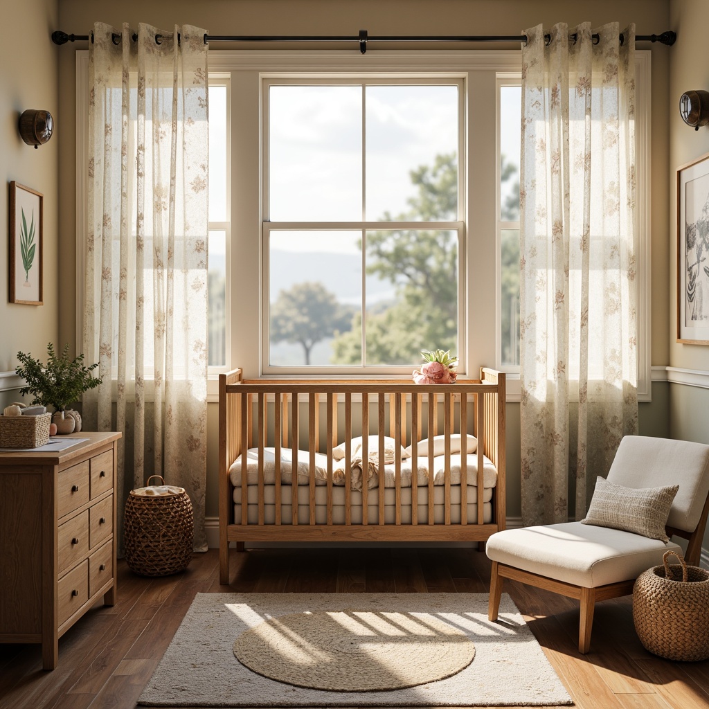 Prompt: Whimsical baby nursery, vintage wooden crib, soft pastel colors, floral patterns, delicate lace curtains, plush toys, woven baskets, distressed wood furniture, natural textiles, cozy area rug, warm task lighting, rustic metal decorations, nature-inspired artwork, earthy tone walls, creamy white trim, gentle bokeh effect, shallow depth of field, 1/1 composition, romantic ambiance.