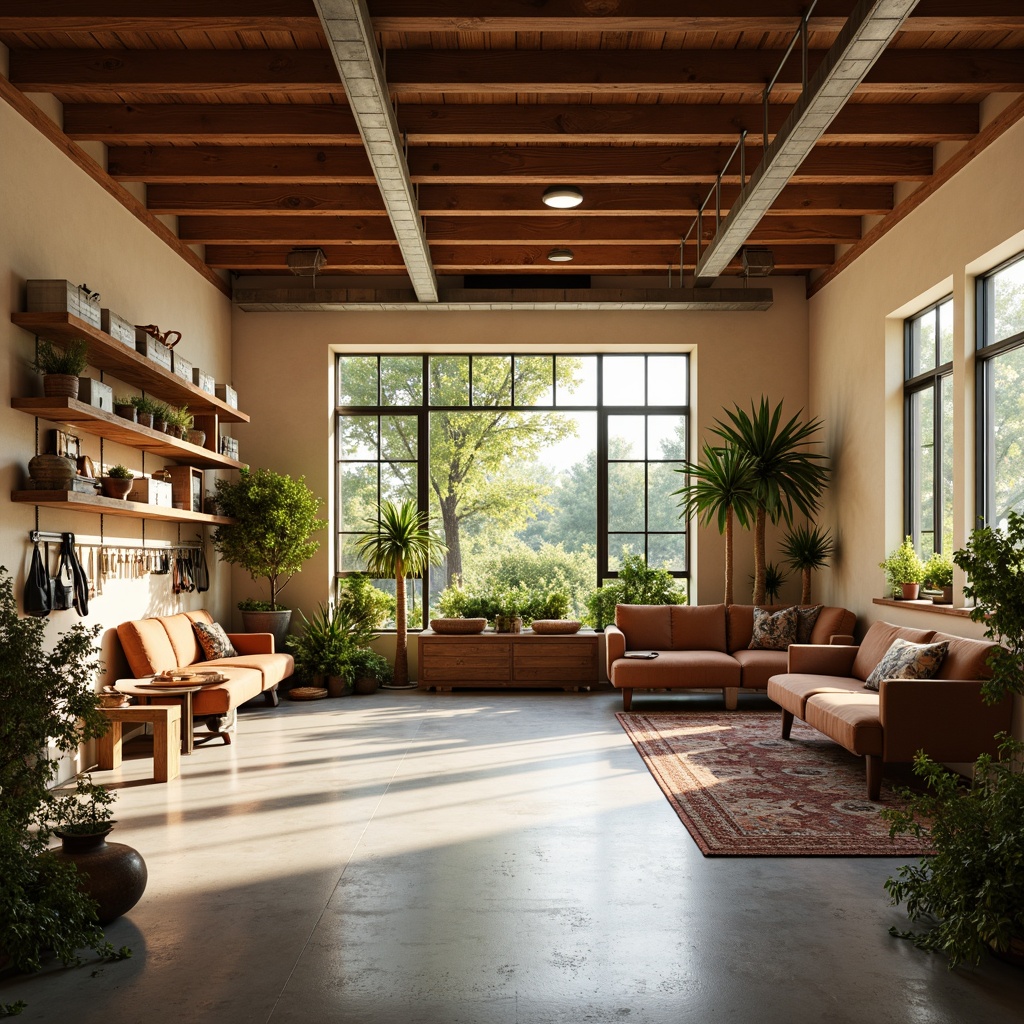 Prompt: Cozy family garage interior, warm beige walls, polished concrete floors, organized tool stations, labeled storage bins, sturdy metal shelving, industrial-style lighting fixtures, natural wood accents, comfortable seating areas, decorative rugs, vibrant greenery, modern minimalist decor, abundant natural light, soft warm illumination, shallow depth of field, 3/4 composition, panoramic view, realistic textures, ambient occlusion.