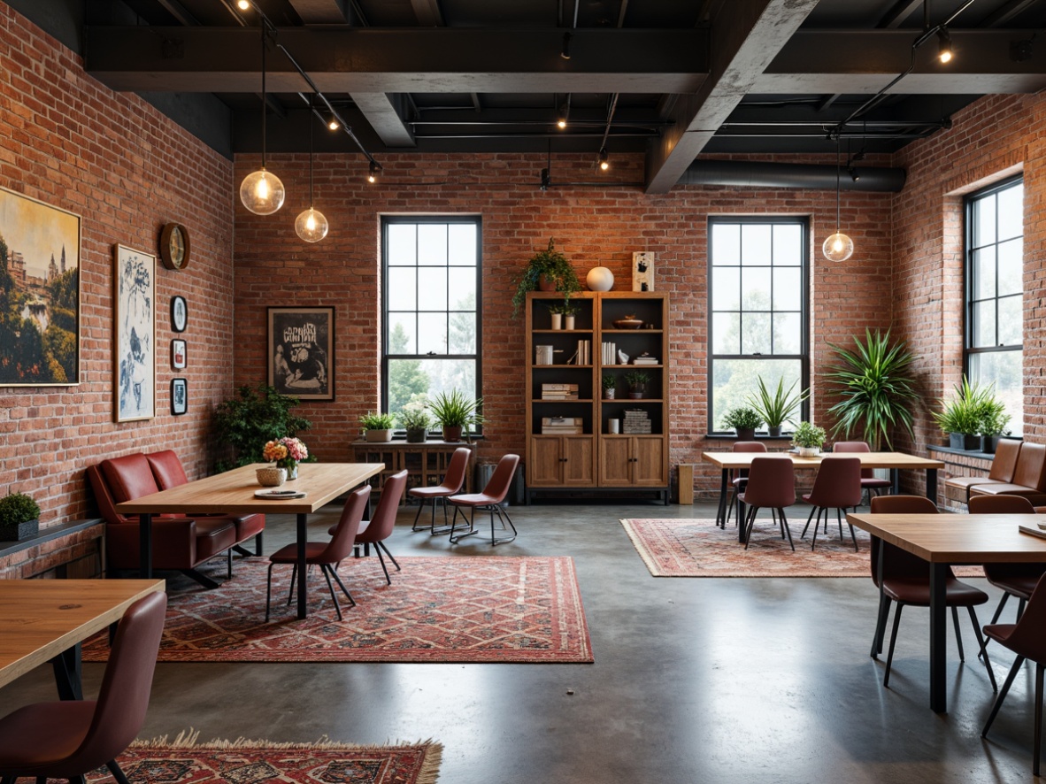 Prompt: Exposed brick walls, metal beams, polished concrete floors, industrial chic aesthetic, modern minimalist furniture, sleek steel chairs, reclaimed wood tables, metallic accents, Edison bulb lighting, urban loft atmosphere, functional storage solutions, modular shelving units, ergonomic workstations, vibrant accent colors, distressed leather upholstery, geometric patterned rugs, open floor plans, natural light pouring in, shallow depth of field, 1/2 composition, realistic textures, ambient occlusion.