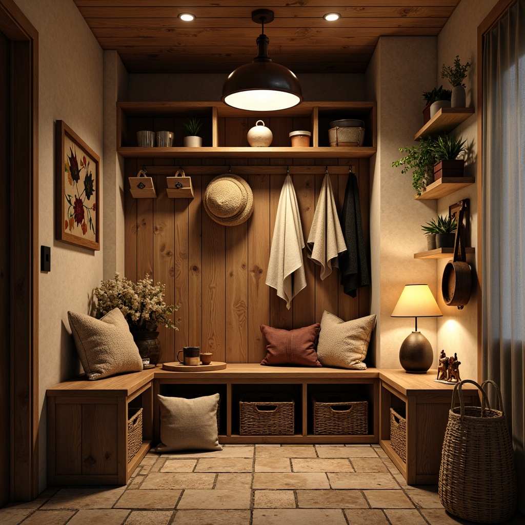 Prompt: Cozy mudroom, rustic wooden bench, woven baskets, natural stone flooring, earthy color palette, warm ambient lighting, table lamps, pendant lights, industrial metal shades, recessed ceiling lights, soft warm glow, 1/1 composition, shallow depth of field, realistic textures, ambient occlusion.