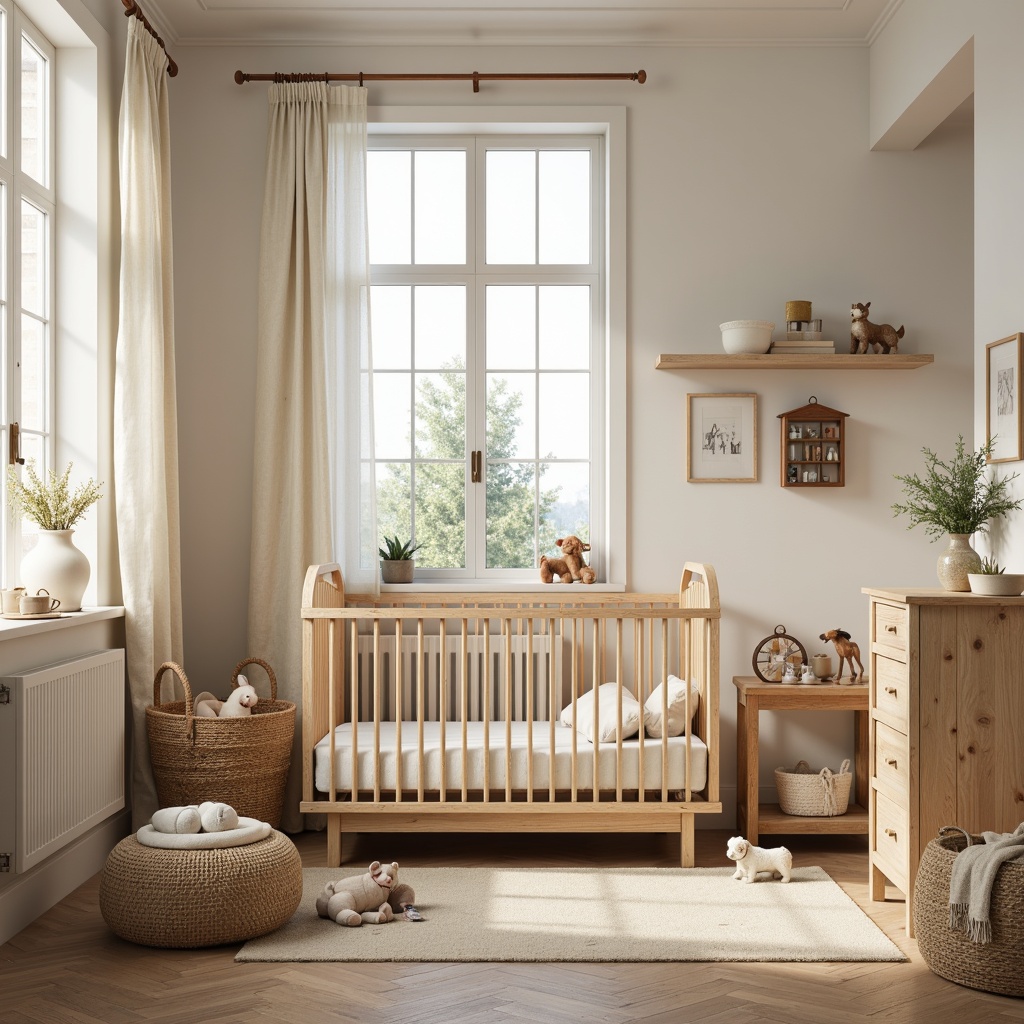 Prompt: Cozy baby room, vernacular style, rustic wooden crib, soft pastel colors, plush toys, woven baskets, natural fabrics, vintage-inspired decor, distressed wood furniture, creamy white walls, warm beige flooring, oversized windows, sheer curtains, gentle morning light, shallow depth of field, 1/1 composition, intimate atmosphere, realistic textures, subtle ambient occlusion.