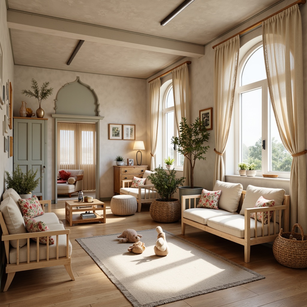 Prompt: Whimsical kindergarten interior, distressed wood accents, vintage-inspired furniture, soft pastel colors, floral patterns, ruffled curtains, lace trimming, rustic wooden toys, woven baskets, natural fabrics, velvet pillows, linen drapes, subtle sheen, warm beige tones, gentle lighting, shallow depth of field, 1/2 composition, intimate atmosphere, realistic textures, ambient occlusion.