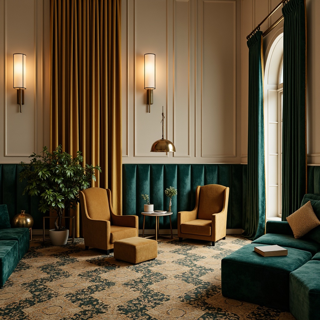 Prompt: Rich velvet fabrics, jewel-toned accents, soft golden lighting, warm beige walls, luxurious emerald green, deep navy blue, creamy whites, subtle texture contrasts, metallic gold fixtures, ornate patterns, sophisticated color blocking, 3D visual effects, realistic material renderings, dramatic shadows, high-contrast ratios, artistic composition, cinematic mood lighting.