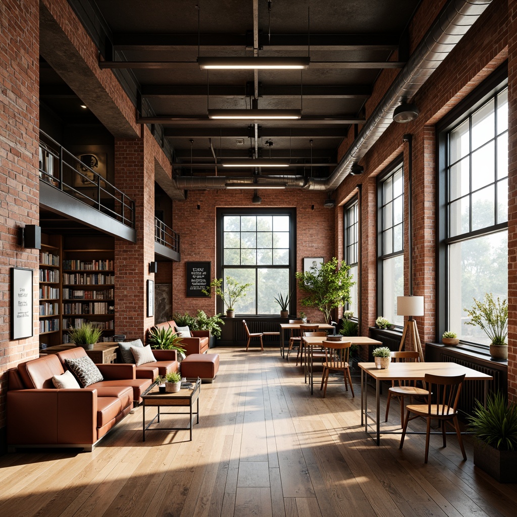 Prompt: Exposed brick walls, reclaimed wood floors, industrial metal beams, open ductwork, minimalist decor, modern artistic lighting, floor-to-ceiling windows, abundant natural light, airy atmosphere, eclectic furniture mix, vintage academic elements, rich leather sofas, wooden desks, metal chairs, decorative bookshelves, inspirational quotes, soft warm color palette, cozy reading nooks, relaxed seating areas, 1/1 composition, softbox lighting, realistic textures, ambient occlusion.