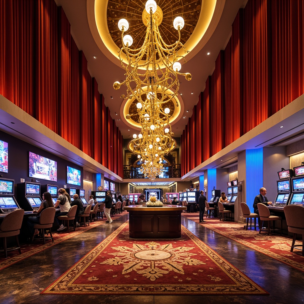 Prompt: Luxurious casino interior, rich velvet drapes, ornate golden chandeliers, polished marble floors, intricate mosaics, lavish furnishings, plush carpets, vibrant neon lights, gleaming chrome accents, modern abstract art pieces, sophisticated lighting fixtures, elegant curves, luxurious textiles, bold geometric patterns, dramatic high ceilings, opulent atmosphere, warm inviting ambiance, 1/1 composition, shallow depth of field, soft warm lighting.