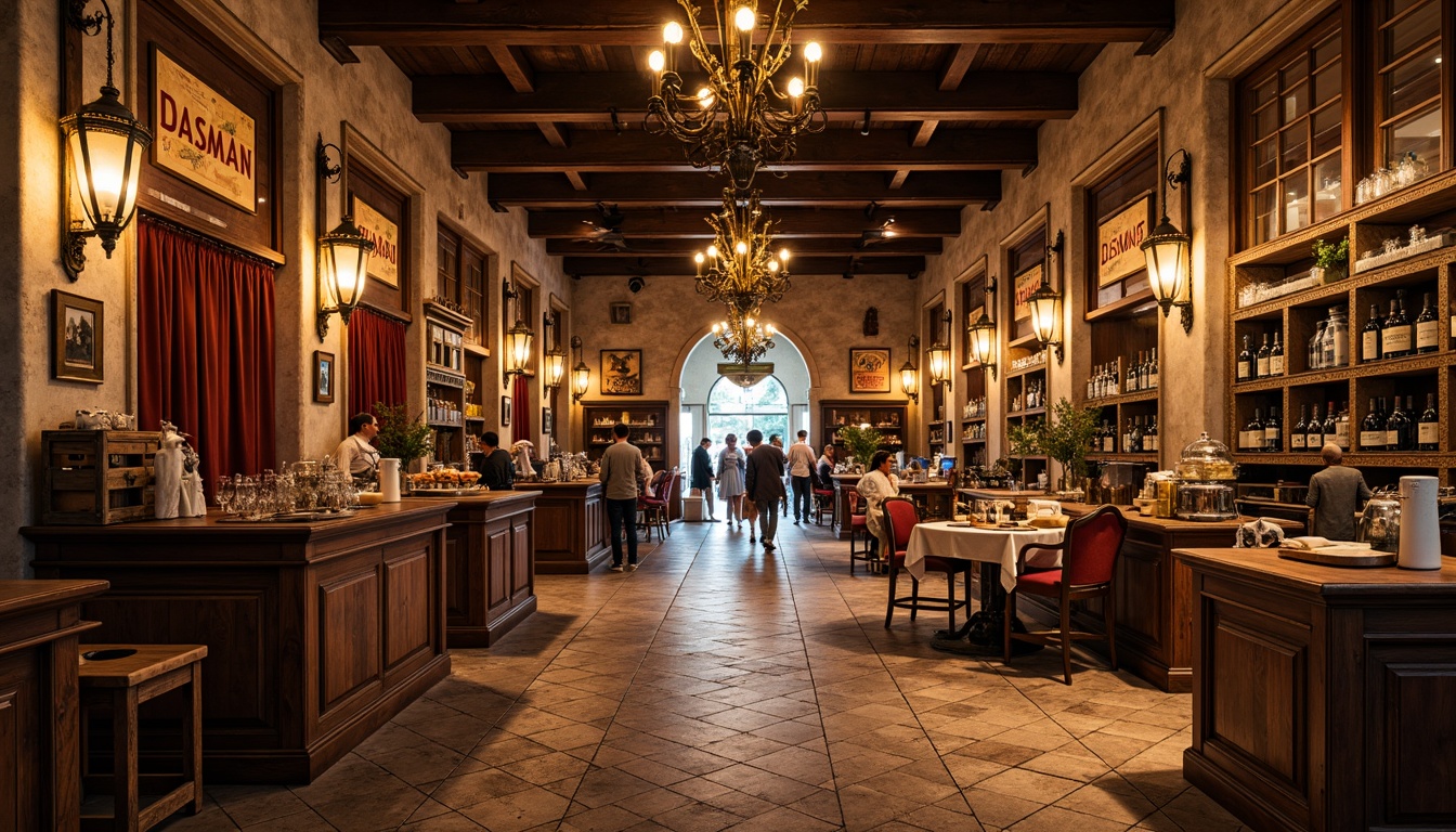 Prompt: Renaissance market interior, warm golden lighting, ornate wooden accents, rich velvet fabrics, antique bronze fixtures, distressed stone walls, rustic wooden crates, vintage metal signs, ornamental lanterns, Mediterranean-inspired tile patterns, earthy color palette, luxurious upholstery, regal architectural details, majestic chandeliers, symmetrical composition, high-contrast textures, cinematic lighting, 1/2 composition, realistic reflections.