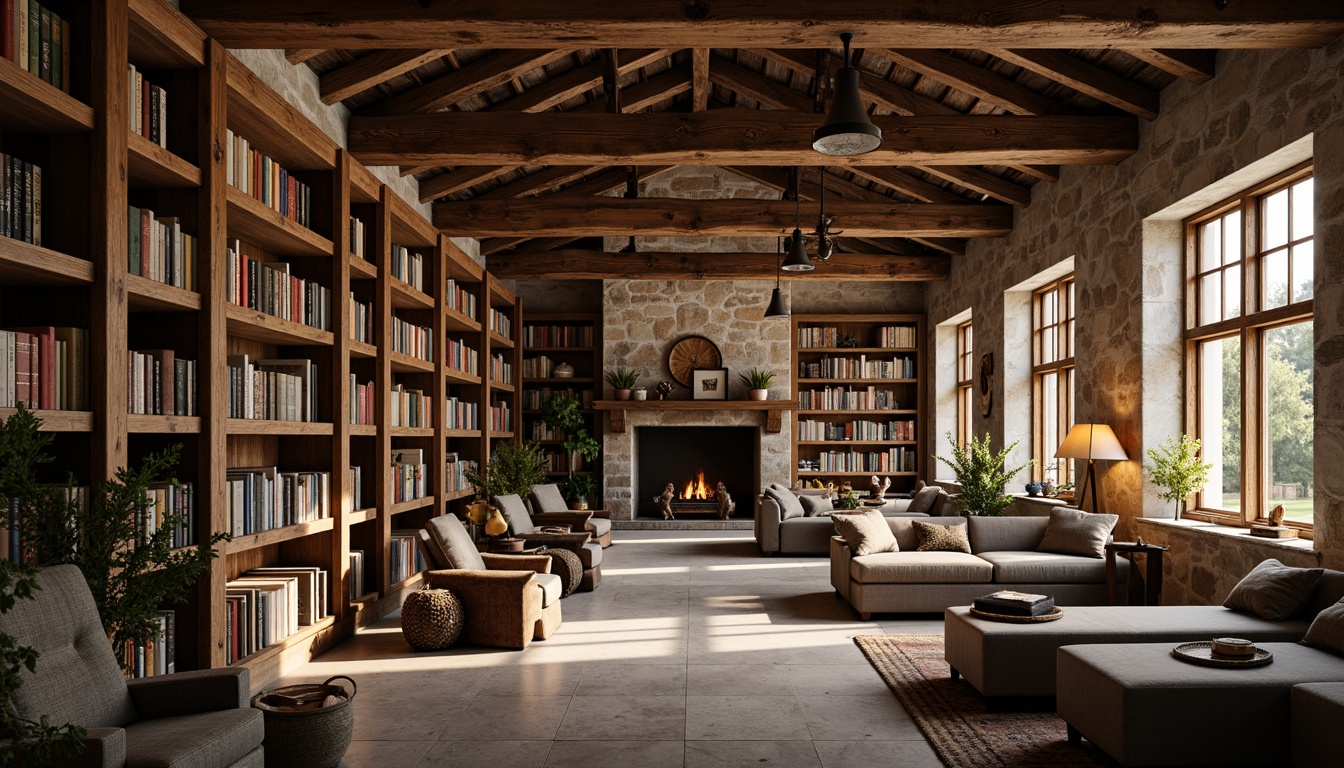 Prompt: Rustic farmhouse library, open shelving units, wooden planks, metal brackets, distressed finishes, vintage book collections, comfortable reading nooks, plush armchairs, warm floor lamps, natural stone walls, reclaimed wood accents, earthy color palette, soft warm lighting, shallow depth of field, 1/1 composition, realistic textures, ambient occlusion.