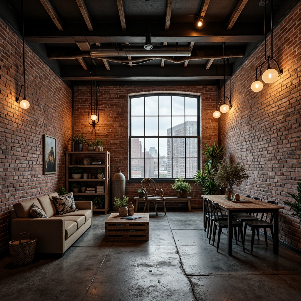 Prompt: Industrial-chic interior, exposed brick walls, metal beams, reclaimed wood accents, vintage factory lights, distressed concrete floors, urban loft atmosphere, modern industrial furniture, steel chairs, wooden crates, Edison bulbs, gritty textures, moody color palette, dramatic shadows, high ceilings, open spaces, minimal decor, functional simplicity, rustic elegance, dynamic cityscape views, cloudy day, soft diffused lighting, shallow depth of field, 3/4 composition.