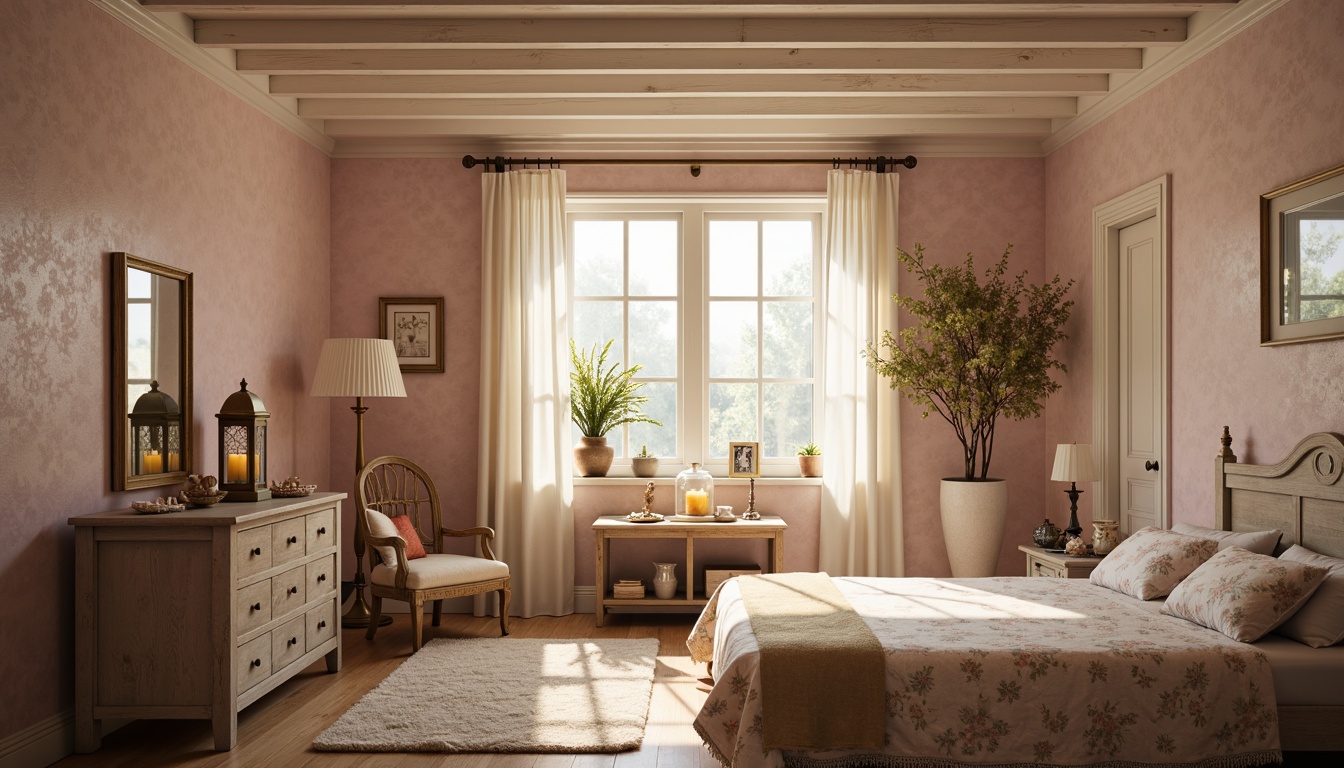 Prompt: Whimsical shabby-chic bedroom, soft warm glow, creamy candlelight, vintage metal lanterns, distressed wood furniture, plush velvet drapes, lace trimmings, pastel pink walls, white rustic ceiling beams, fluffy area rug, antique bronze fixtures, mercury glass vases, flower-patterned bedding, delicate porcelain figurines, morning sunlight, subtle shadows, warm beige tones, intimate ambiance, soft focus photography, 1/1 composition, dreamy atmosphere.