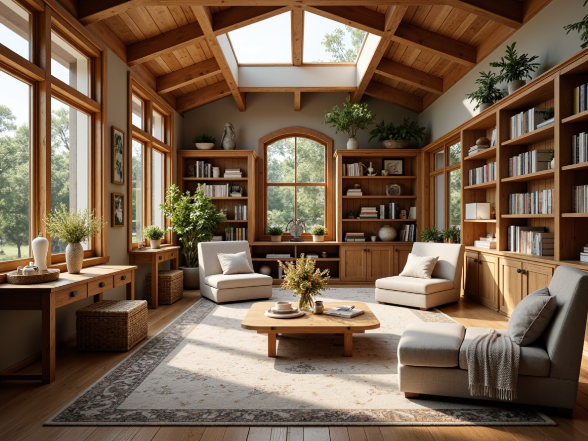 Prompt: Cozy library, farmhouse style, warm natural lighting, wooden bookshelves, vintage furniture, comfortable reading nooks, plush armchairs, soft cushions, rustic wood accents, earthy color palette, large windows, clerestory windows, skylights, gentle sunlight, diffused shadows, warm beige tones, creamy whites, rich woods, organic textures, natural fabrics, woven baskets, potted plants, botanical prints, soft focus, shallow depth of field, 1/2 composition, intimate atmosphere.