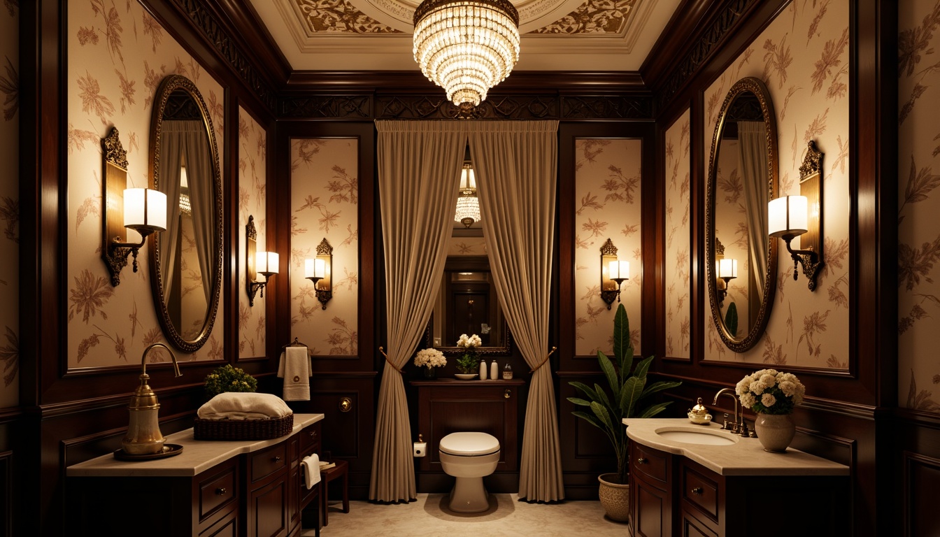 Prompt: \Ornate powder room, elegant lighting fixtures, intricate metalwork, flowing organic shapes, soft warm glow, ornamental sconces, beaded chandeliers, delicate glass shades, lavish drapery, richly patterned wallpaper, dark wood paneling, antique furniture pieces, subtle color palette, soft focus, shallow depth of field, 1/2 composition, warm golden lighting, realistic textures, ambient occlusion.\