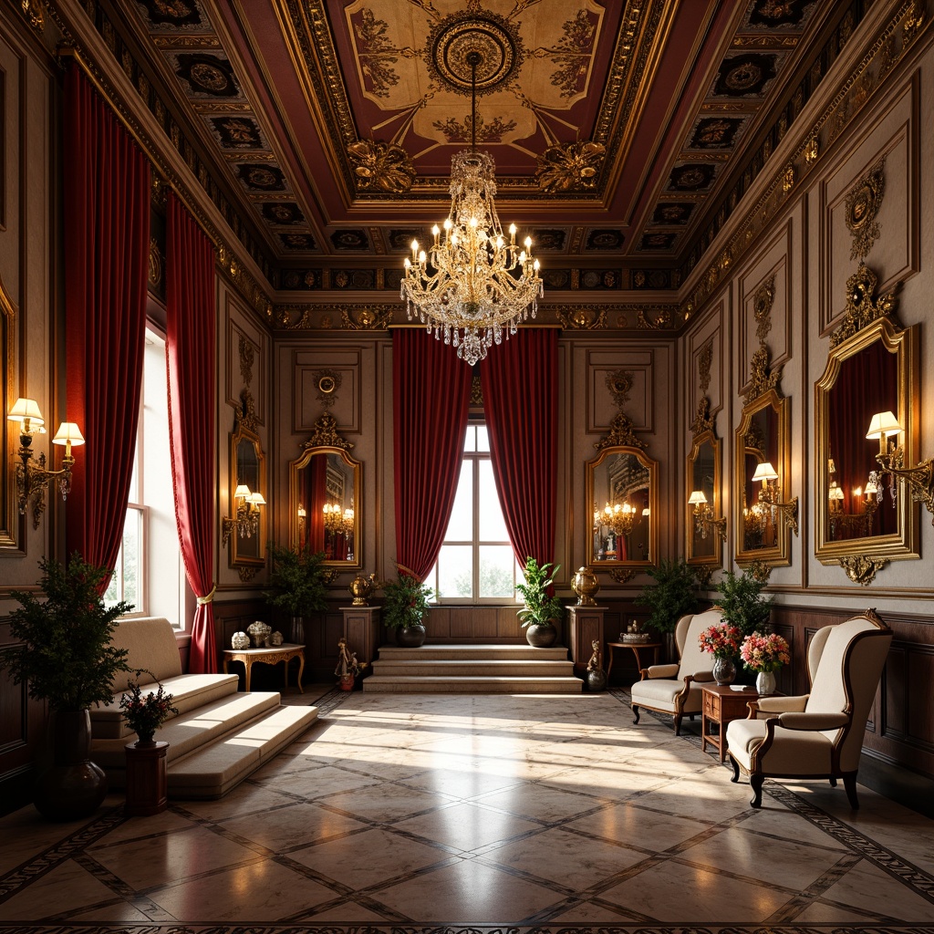 Prompt: Ornate Baroque interior, luxurious velvet drapes, intricately carved wooden paneling, gilded ornamental mirrors, crystal chandeliers, richly patterned marble floors, opulent furnishings, regal throne-like chairs, lavish golden accents, dramatic archways, grandiose staircase, soft warm lighting, subtle shadows, 1/2 composition, symmetrical balance, realistic textures, ambient occlusion.