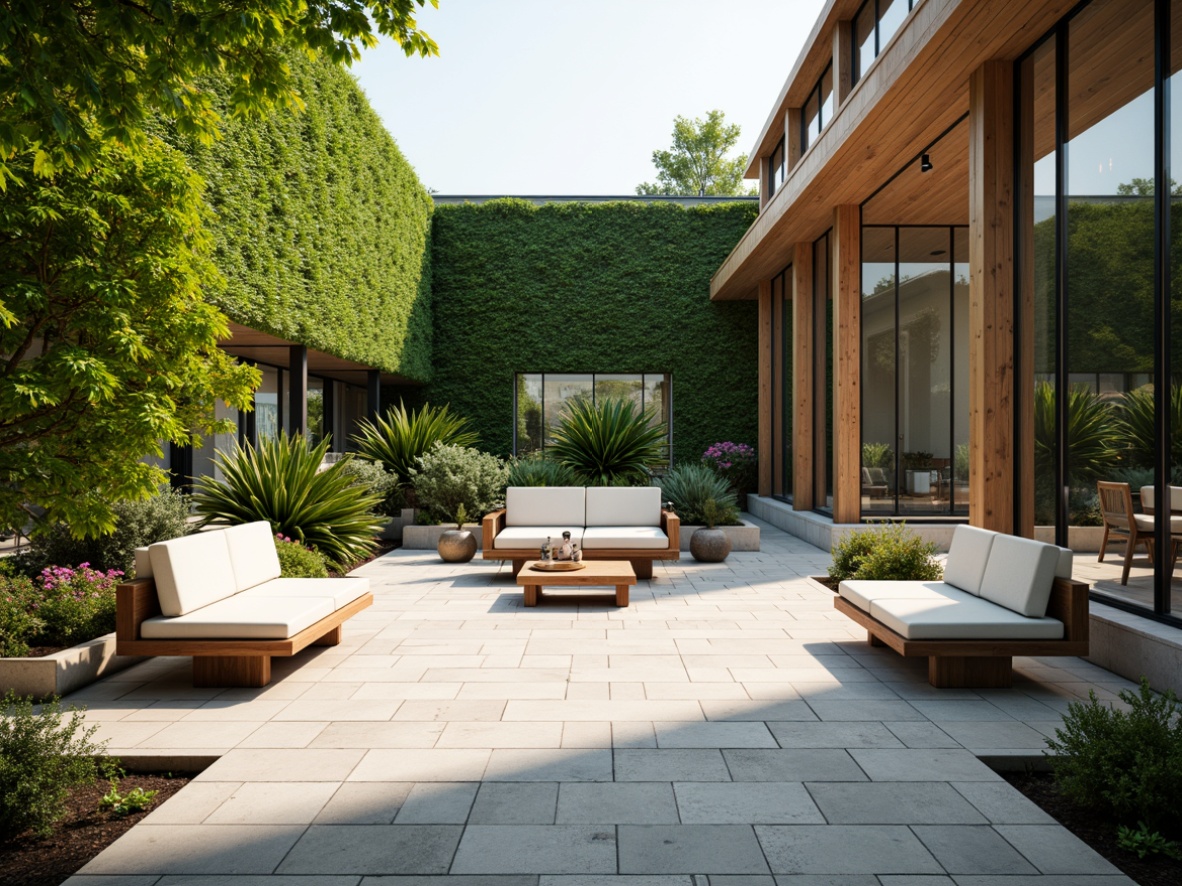 Prompt: Harmonious courtyard, lush green walls, natural stone flooring, wooden benches, outdoor seating areas, large glass doors, modern minimalist architecture, seamless indoor-outdoor transition, warm sunny day, soft diffused lighting, shallow depth of field, 1/1 composition, realistic textures, ambient occlusion, vibrant colorful planters, organic shapes, eclectic decorative accents.