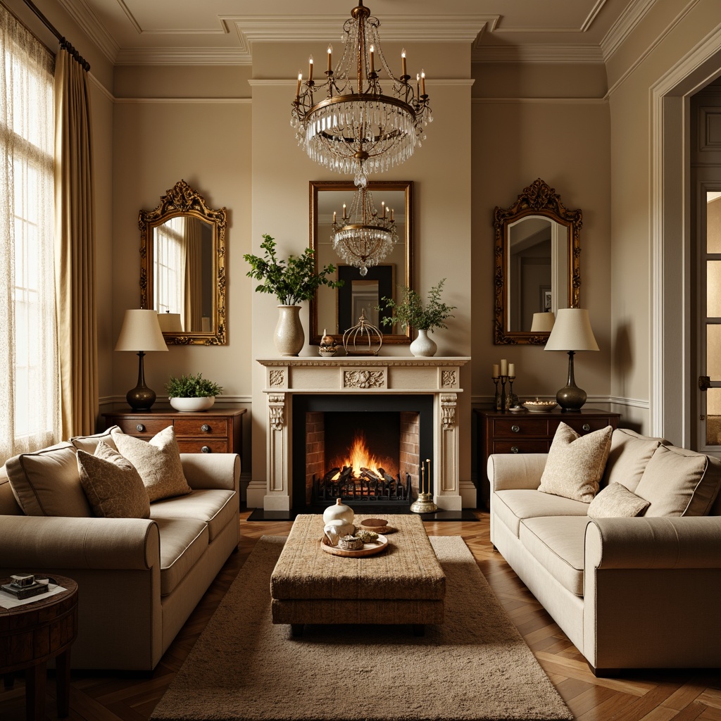 Prompt: Cozy family room, warm beige walls, soft cream-colored trim, distressed wood accents, ornate gold mirrors, plush velvet sofas, rustic wooden coffee tables, vintage woven baskets, elegant crystal chandeliers, delicate lace curtains, natural stone fireplace, crackling fire, warm golden lighting, shallow depth of field, 1/1 composition, intimate atmosphere, realistic textures, ambient occlusion.