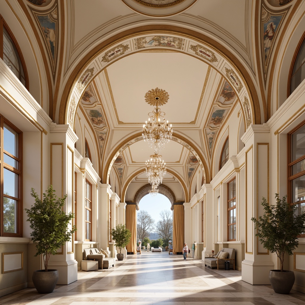 Prompt: Elegant classical ceiling, ornate moldings, decorative cornices, intricate frescoes, soft warm lighting, grand chandeliers, crystal droplets, luxurious fabrics, rich wood tones, polished marble floors, vaulted arches, symmetrical compositions, subtle color palette, creamy whites, beige accents, golden trims, ornamental reliefs, subtle textures, realistic renderings, atmospheric perspective, 1/1 composition, soft focus blur.