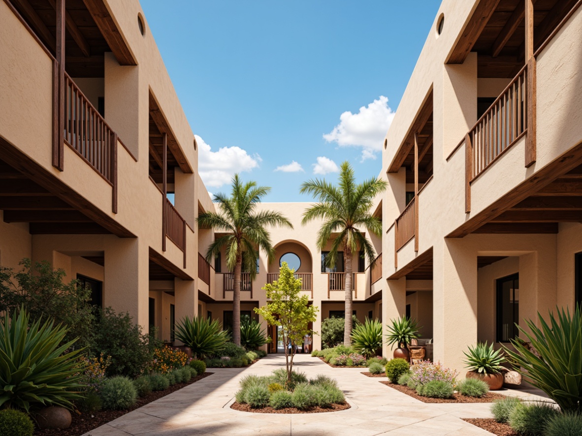 Prompt: Southwestern-style courthouse, adobe-inspired architecture, earthy tones, rustic wooden accents, vibrant turquoise decorations, ornate metalwork, grandiose entrance hallways, spacious open-air atriums, natural stone flooring, ambient warm lighting, shallow depth of field, 3/4 composition, panoramic view, realistic textures, ambient occlusion, lush greenery, palm trees, desert flora, clear blue sky, sunny day.