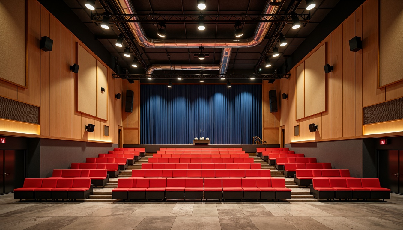 Prompt: Bauhaus-style auditorium interior, bold primary color schemes, geometric shapes, industrial materials, exposed ductwork, minimalist decor, functional lighting, wooden accents, steel beams, concrete floors, vibrant red seats, neutral beige walls, deep blue curtains, warm yellow spotlights, dramatic shadows, high contrast ratios, 1/2 composition, symmetrical framing, realistic textures, ambient occlusion.