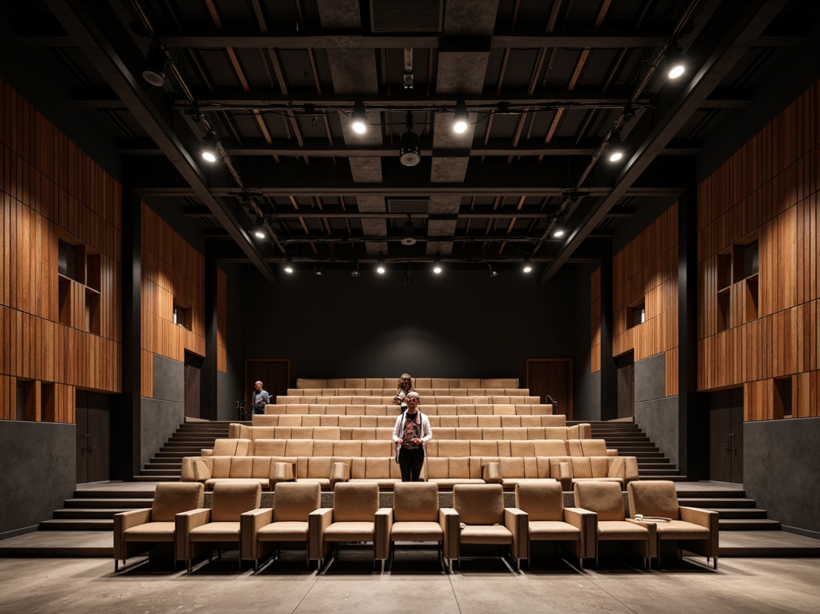 Prompt: Geometric auditorium, rectangular shape, minimalist design, acoustic panels, sound-absorbing materials, dark wood tones, industrial metal frames, functional lighting, exposed ductwork, raw concrete floors, brutalist architecture, asymmetrical composition, dynamic shadows, high-contrast lighting, dramatic spotlights, warm neutral colors, textured fabric upholstery, leather accents, avant-garde decor, urban aesthetic, 2/3 composition, low-angle shot, cinematic mood.