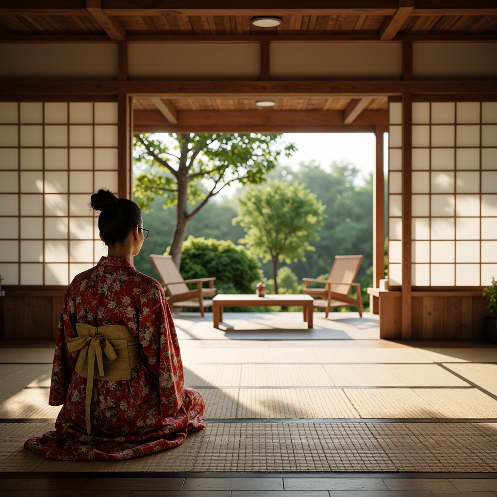 Prompt: Traditional Japanese tea house, natural wood accents, paper lanterns, sliding shoji doors, tatami mats, serene garden views, intricately patterned kimonos, vibrant silk fabrics, embroidered obis, subtle washi textiles, minimalist decor, warm soft lighting, shallow depth of field, 1/1 composition, realistic textures, ambient occlusion.