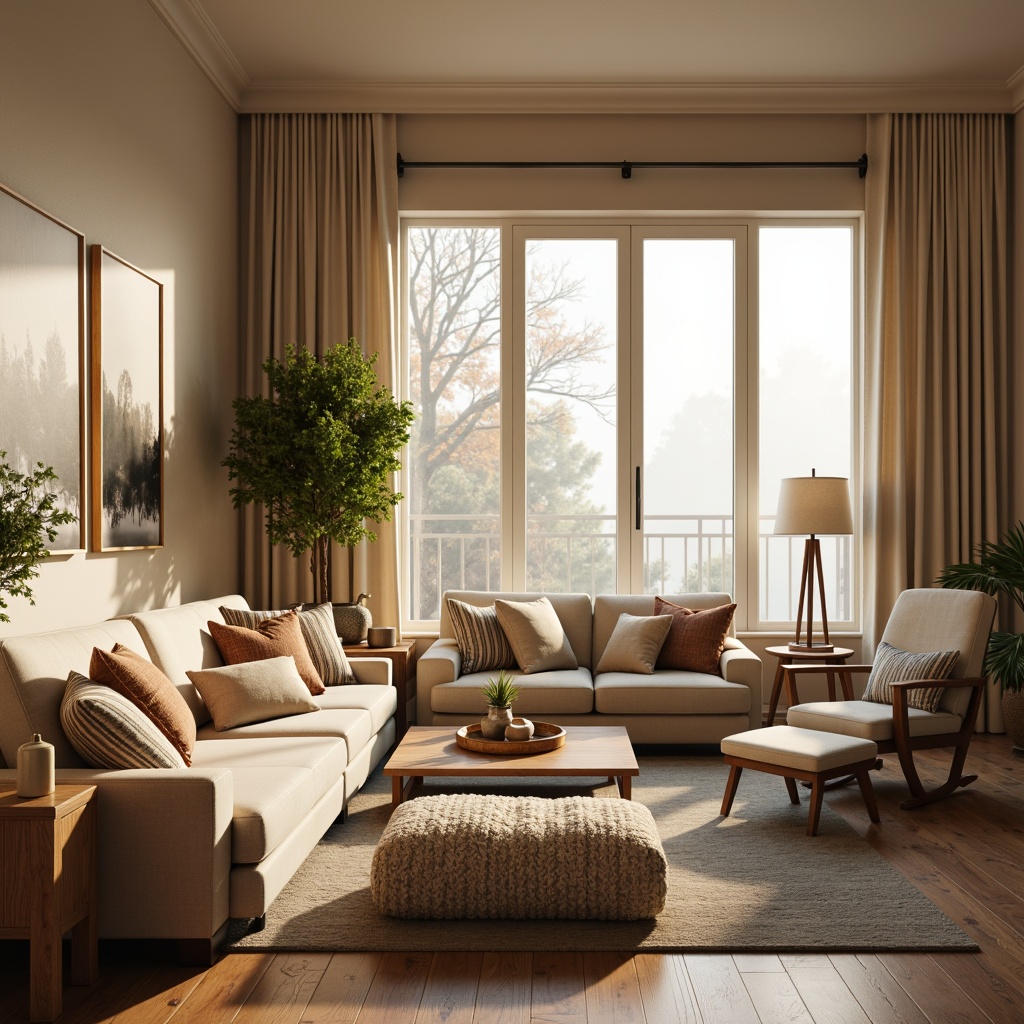 Prompt: Cozy living room, plush sofas, soft cushions, warm beige walls, large windows, natural light, gentle curtains, wooden flooring, minimalist decor, modern furniture, ergonomic chairs, comfortable seating, intimate gathering spaces, soft warm lighting, shallow depth of field, 3/4 composition, panoramic view, realistic textures, ambient occlusion.