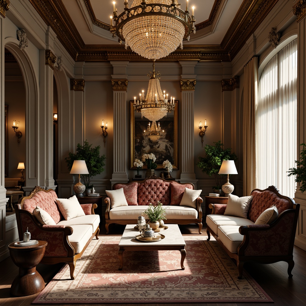 Prompt: Elegant neoclassical interior, ornate furniture pieces, carved wooden legs, upholstered sofas, velvet fabrics, golden accents, crystal chandeliers, marble coffee tables, intricately patterned rugs, classical columns, symmetrical compositions, soft warm lighting, subtle shading, 1/1 aspect ratio, high-contrast color palette, luxurious textiles, refined ornateness.