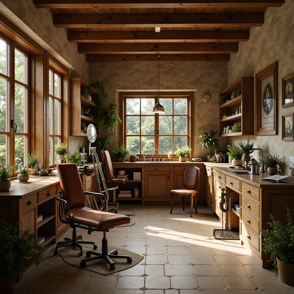 Prompt: Warm earthy tones, rustic wooden accents, natural stone walls, soft beige flooring, calming greenery, vintage medical equipment, distressed leather furniture, ornate metal fixtures, rich wood paneling, comforting warm lighting, shallow depth of field, 1/1 composition, realistic textures, ambient occlusion.