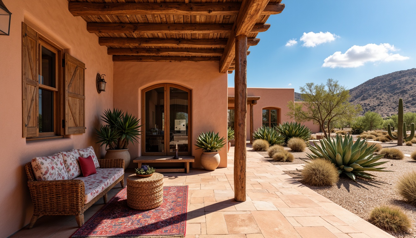 Prompt: Southwestern adobe-style building, warm wooden accents, natural reclaimed wood textures, earthy terracotta hues, rustic wooden beams, wooden shutters, arched windows, stucco walls, desert landscape, cactus plants, hot sunny day, clear blue sky, vast open space, wooden porch, woven wicker furniture, vibrant colorful textiles, intricate geometric patterns, warm soft lighting, shallow depth of field, 3/4 composition, panoramic view, realistic textures, ambient occlusion.