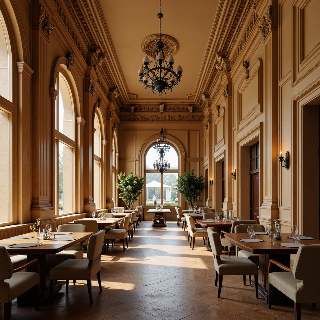 Prompt: Traditional academic architectural style, grand dining hall, warm beige walls, rich wood paneling, ornate moldings, stately columns, elegant chandeliers, formal seating arrangements, long wooden tables, comfortable upholstered chairs, neutral color palette, subtle texture variations, soft warm lighting, shallow depth of field, 2/3 composition, symmetrical view, realistic textures, ambient occlusion.