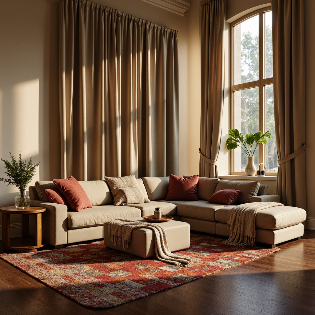 Prompt: Cozy living room, plush throw blankets, soft velvet pillows, warm beige walls, dark wood flooring, modern sectional sofa, comfortable ottoman, vibrant colorful rugs, natural fiber upholstery, luxurious drapery, silky smooth curtains, ambient warm lighting, shallow depth of field, 1/1 composition, realistic textures.