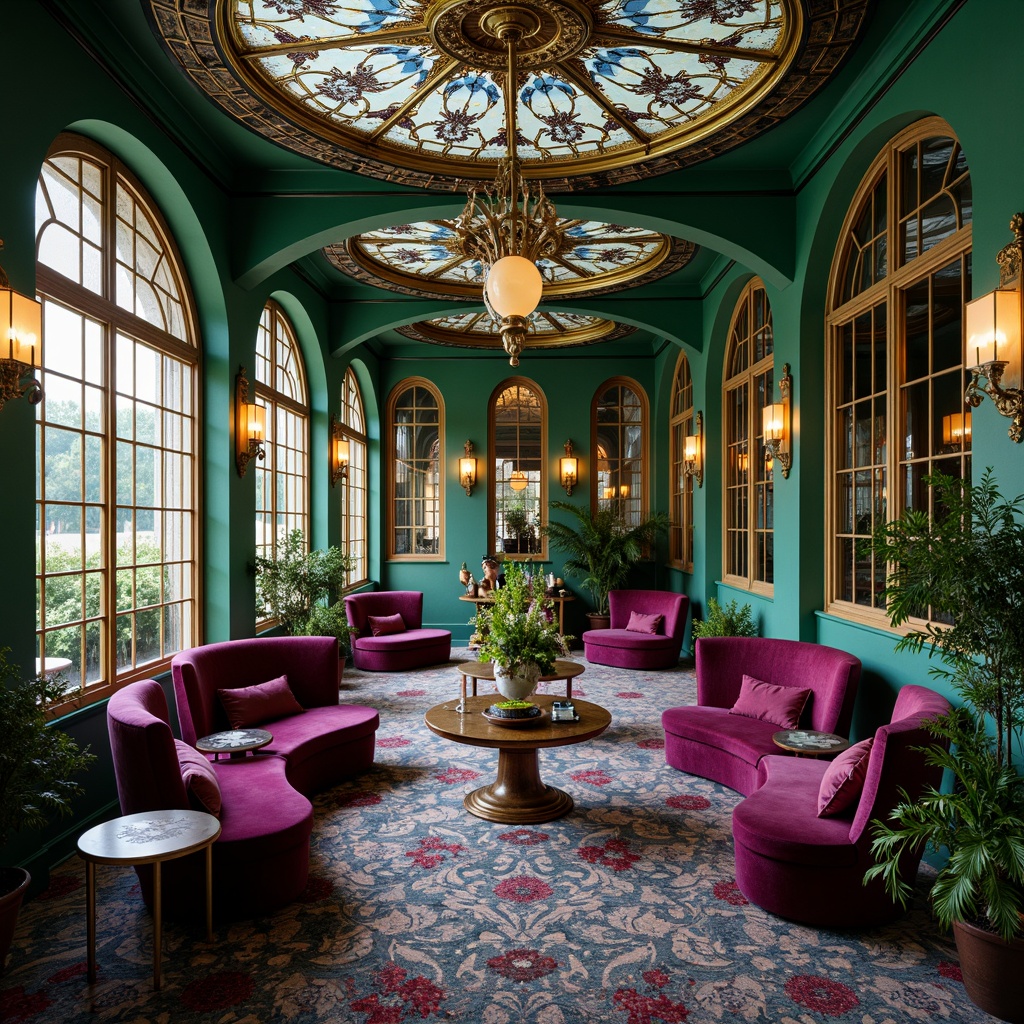 Prompt: \Opulent Art Nouveau interior, sinuous organic lines, flowing curves, ornate metalwork, lavish furnishings, rich jewel-toned colors, emerald green walls, sapphire blue ceilings, amethyst purple accents, golden bronze fixtures, intricate floral patterns, stained glass windows, natural materials, velvet textures, warm candlelight, soft focus, shallow depth of field, 1/1 composition, ornate mirror reflections, whimsical furniture silhouettes.\