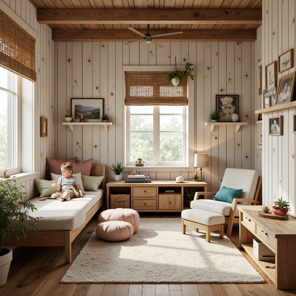 Prompt: Whimsical kids' room, Vernacular style, distressed wood paneling, soft pastel colors, textured stucco walls, natural woven fibers, vintage-inspired wallpaper, eclectic decorative accents, rustic wooden furniture, cozy reading nooks, warm ambient lighting, shallow depth of field, 1/1 composition, realistic textures, ambient occlusion.