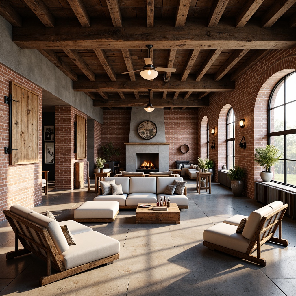 Prompt: Rustic farmhouse interior, exposed brick walls, reclaimed wood beams, metal accents, galvanized steel decor, vintage industrial lighting, distressed wooden furniture, earthy color palette, natural stone flooring, modern minimalist touches, large windows, abundant natural light, soft warm glow, 1/2 composition, shallow depth of field, realistic textures, ambient occlusion.