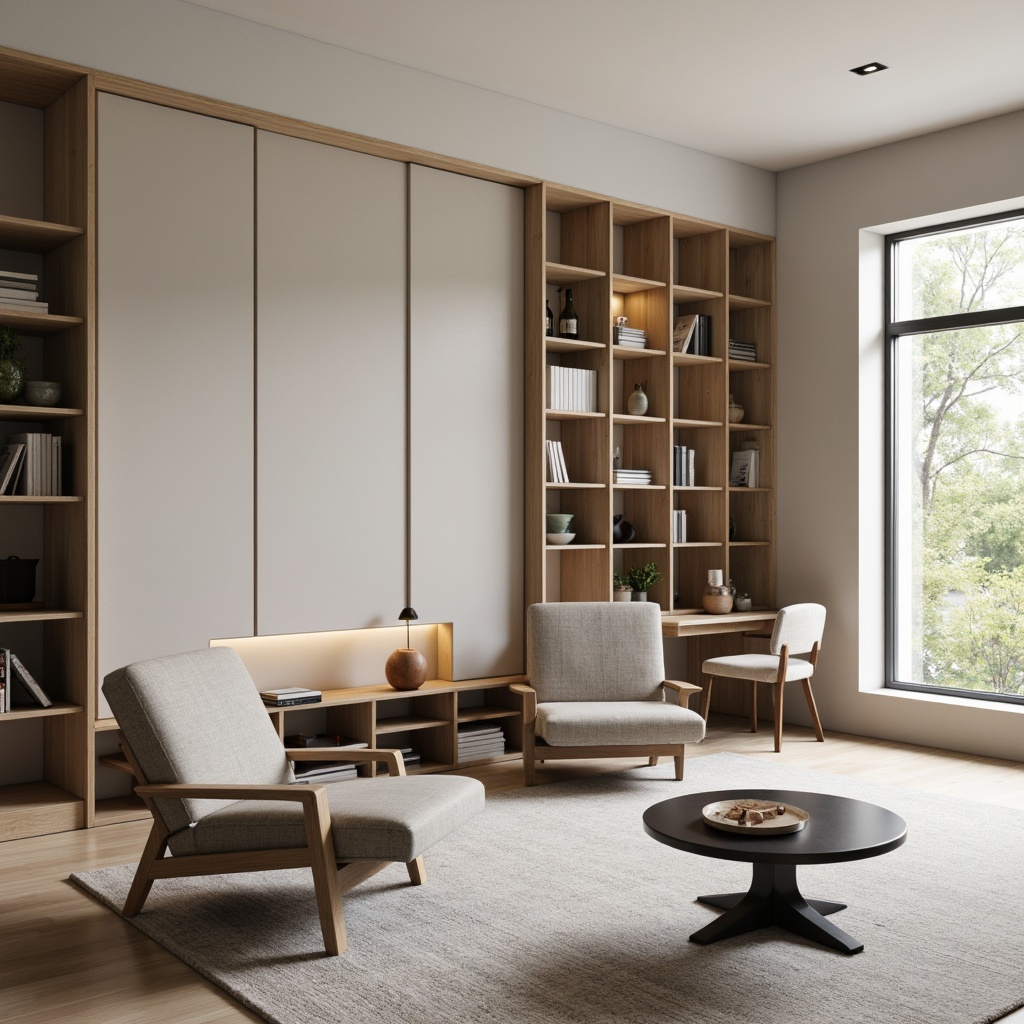 Prompt: Minimalist living room, sleek low-profile furniture, compact storage solutions, space-saving shelves, ergonomic chairs, adjustable desks, modular bookcases, hidden compartments, smart closets, sliding doors, LED strip lighting, soft neutral tones, matte finish surfaces, Scandinavian design, 1/1 composition, realistic textures, ambient occlusion.