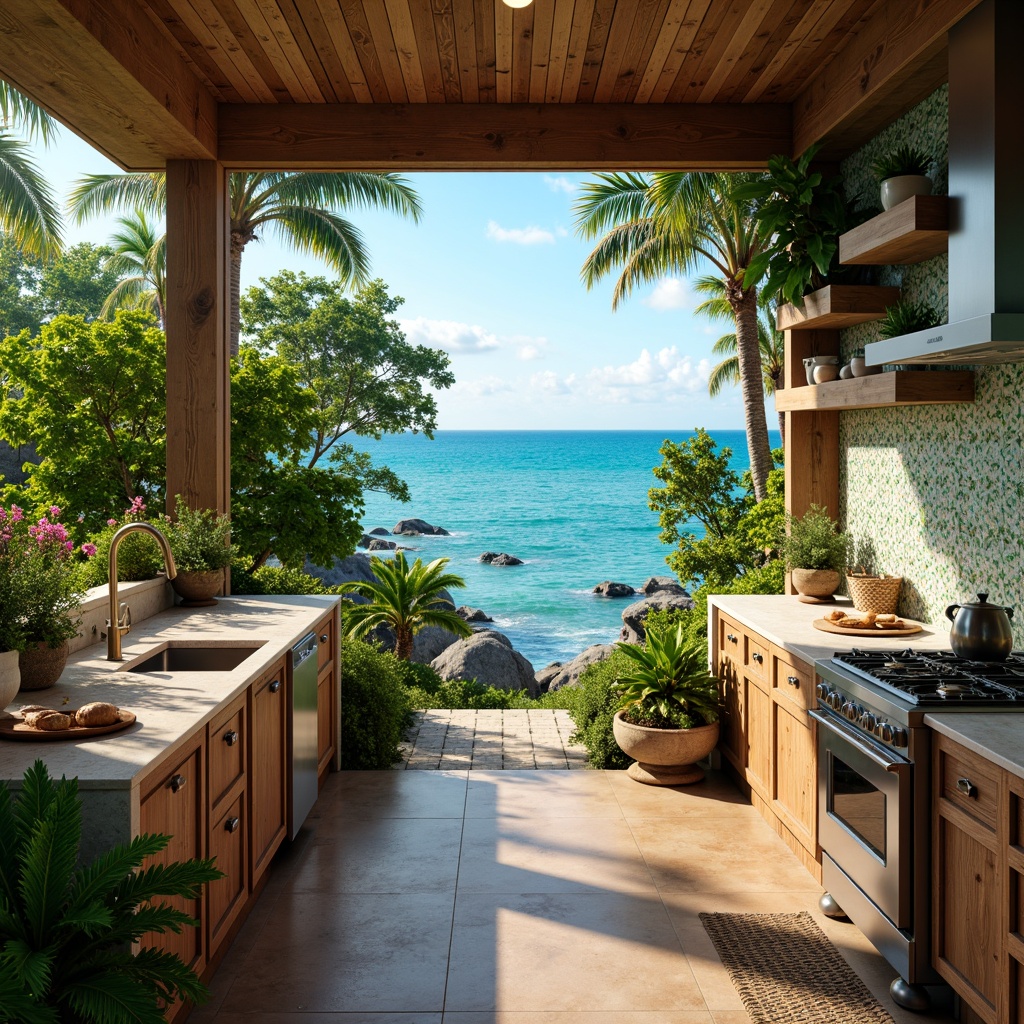 Prompt: Vibrant tropical kitchen, lush greenery, exotic flowers, bright coral reefs, turquoise ocean waves, warm sunny day, natural stone countertops, glass tile backsplash, iridescent shell mosaics, wavy patterned ceramics, reclaimed wood cabinets, modern appliances, pendant lighting, shallow depth of field, 1/1 composition, realistic textures, ambient occlusion.