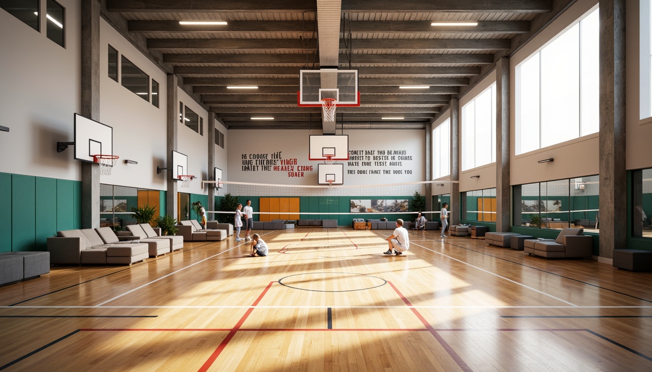 Prompt: Spacious gymnasium, open layout, high ceilings, natural light, polished wood floors, mirrored walls, athletic equipment, basketball hoops, volleyball nets, free weights, exercise machines, motivational quotes, modern architecture, sleek lines, minimal decor, bright color accents, comfortable seating areas, relaxed atmosphere, soft warm lighting, shallow depth of field, 1/1 composition, realistic textures, ambient occlusion.